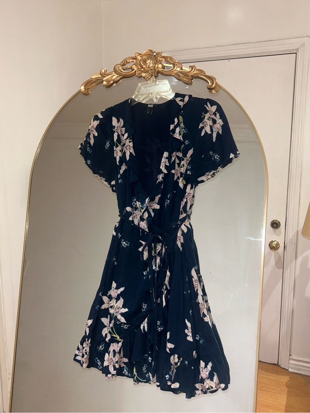 PAIGE Cardamom Ruffle Wrap Tie Dress in Navy Hand Sketched Orchid Print, Size S